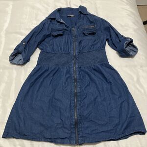 Y2K J Gee Jean Chambray Dress Women PXL Smocked 3/4 Sleeve Zip Front Cottage VTG